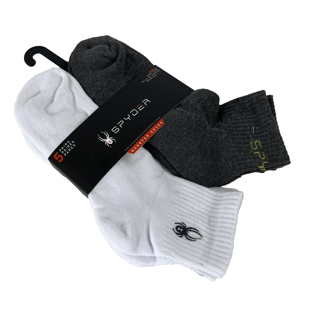 NEW Spyder Men Mesh Quarter Socks 5 Pairs White Black Shoe Size 6 -12 Absorb Tek